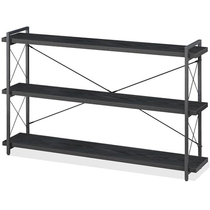 HCHQHS Bookshelf, 3-Tier Long Industrial Bookcase, Black Open Book Shelf, Freestanding Horizontal Bookshelves with Metal Frame - color: Ebony Black, size: 3-Tier (56.7"W x 35.8"H)