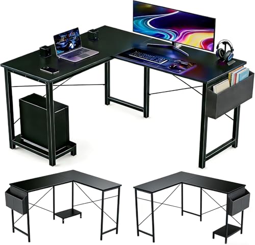 L Shaped Desk, 50 Inch Reversible Computer Desk Corner Gaming Table with CPU Stand & Storage Bag, Sturdy Metal Frame PC Workstation for Home Office, Black Wood - color: Black Wood