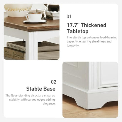 Farmhouse End Table with 2 Drawers, Narrow Sofa Side Table with Storage and Open Shelf, Wooden Nightstand for Small Spaces, Bedroom, Living Room, White and Walnut - color: White and Walnut