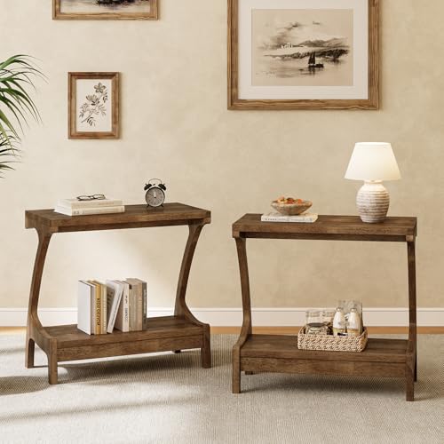 Solid Wood End Table with 2-Tier Storage Shelf, Narrow Side Table for Living Room, Bedroom, Small Spaces, Natural Wood Paint Finish, Easy Assembly - color: Brown