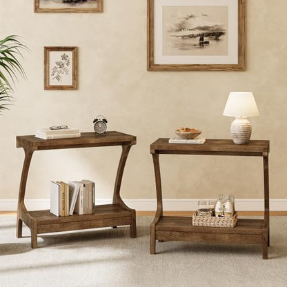 Solid Wood End Table with 2-Tier Storage Shelf, Narrow Side Table for Living Room, Bedroom, Small Spaces, Natural Wood Paint Finish, Easy Assembly - color: Brown