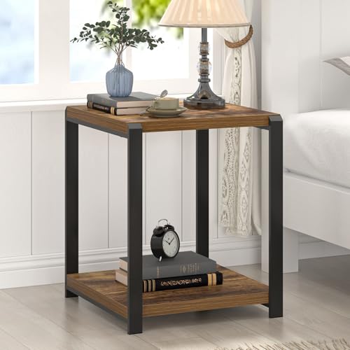 EXCEFUR End Table with Storage Shelf, Modern Side Table for Living Room, Wood and Metal Bedside Table Nightstand, Rustic Brown - color: Rustic Brown