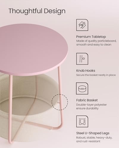 VASAGLE LILEA Collection - Small Round Side End Table, Modern Nightstand with Fabric Basket, for Living Room, Bedroom, Set of 2, Jelly Pink and Cream White ULET225SA01S - color: Jelly Pink + Cream White, size: Round + 2 pack