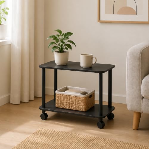 2-Tier Rectangle Sofa End Table with Wheels, Toolless Assembly Bedside Table, Round Corner Night Stand, Side Table with Open Shelf, for Bedroom, Living Room, Espresso - color: Espresso/Black, size: 2 Tier, Rectangle