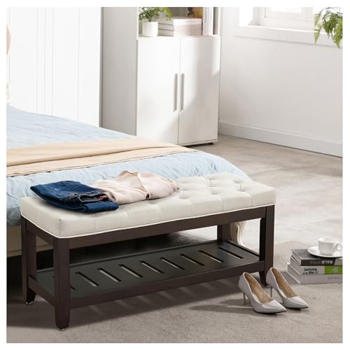 44" Entryway Bench with Shoe Storage, End of Bed Bench, Upholstered Ottoman Storage, 500 LBS Capacity for Entryway, Living Room, Hallway - color: White-1