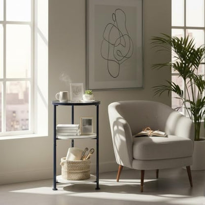 Modern 3-Tier Round Side Table with Glass Top, Small End Table for Small Spaces, 22" High Bedside Table with White Shelves and Navy Blue Frame, Stylish Metal Nightstand for Living Room Bedroom - color: White + Navy Blue