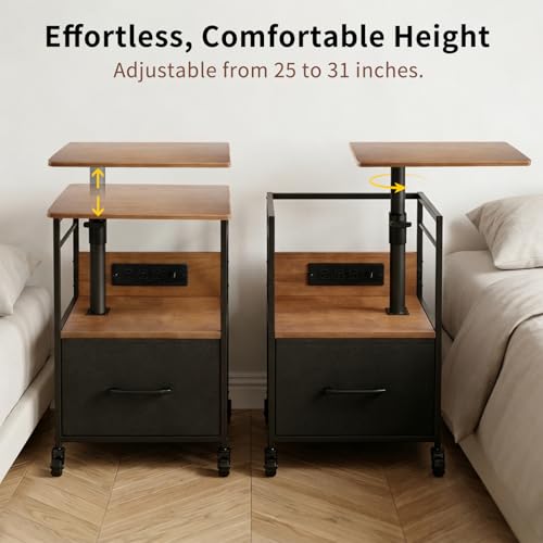 Small Bedside Table with Charging Station, Rolling Side Table with Wheels, Small Nightstand with Drawer Storage for Bedroom - Natural Solid Wood - color: Natural Wood