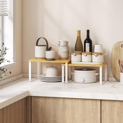 Kitchen Cabinet Organizer Shelf Set of 4, Sturdy Kitchen Counter Shelves with Metal Legs, Stackable Expandable Wood Spice Rack Pantry Cupboard Dish Mug Cup Storage Organizer Shelf,White+Bamboo - color: White+Bamboo