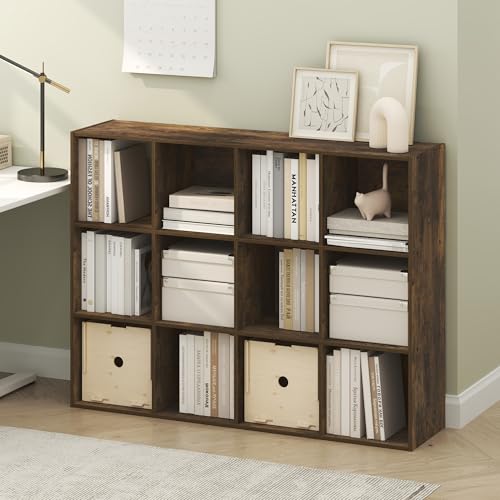 Furinno PELLI Book Shelf, 12-Cube Bookshelf, Cube Storage Organizer Bookcase, 11.7 x 47.6 x 36, for Living Room, Bedroom, Home Office, Amber Pine - color: Amber Pine, size: 12-Cube