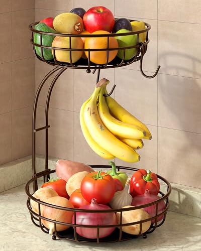 Sevenblue 2 Tier Modern Fruit Basket for Kitchen, Brown, Extra Large | Space-Saving Vertical Storage for Veggies, Bread, Snacks, Fits Under Cabinets, includes 2 banana hooks and protective mats - color: Brown, size: 2 Tier Extra Large