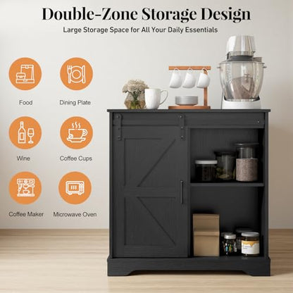 Panana Sliding Barn Door Buffet Sideboard Storage Cabinet Coffee Bar Kitchen Farmhouse Style (Black) - color: Black