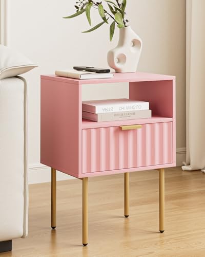 Night Stand,Modern Bedside Table with Drawer and Shelf,Pink Night Stand with Gold Frame,Small Side Table for Bedroom,Living Room - color: Pink