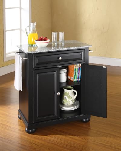 Crosley Furniture Alexandria Granite Top Small Portable Rolling Kitchen Island Storage Cart, Microwave Stand, Black - color: Black, style: Solid Grey Granite Top