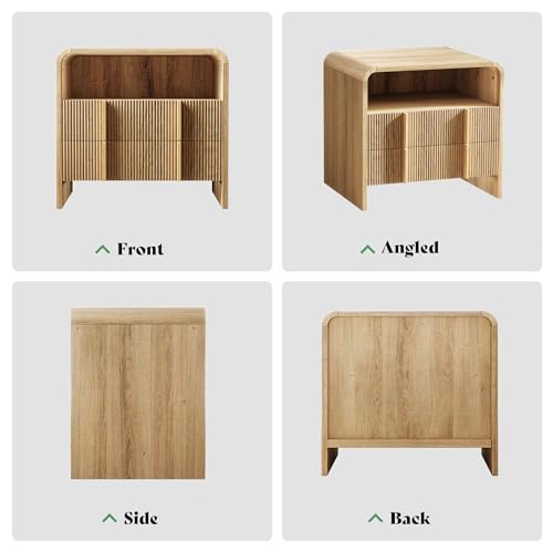AMERLIFE Fluted Night Stand with Storage Drawers, Modern Small Nightstand & Bedside Table with Open Shelf, Curved Profile Design & Pine Handles, Wood End Table for Bedroom, Oak - color: Oak