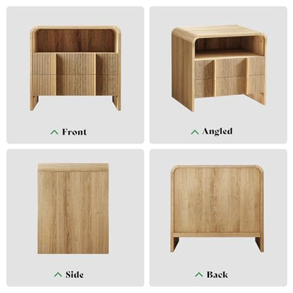 AMERLIFE Fluted Night Stand with Storage Drawers, Modern Small Nightstand & Bedside Table with Open Shelf, Curved Profile Design & Pine Handles, Wood End Table for Bedroom, Oak - color: Oak