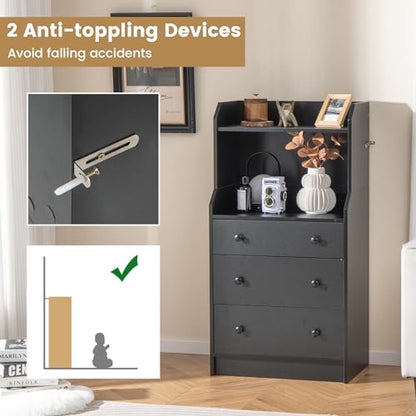 Moccha 3 Drawers Dresser with Shelf, Modern Dresser Tower with 2 Open Shelves, Chest of Drawers with Anti-toppling Device, Tall Storage Dresser Nightstand for Closet, Living Room, Black - color: Black