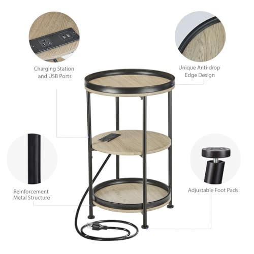 Dulcii Round Side Table with Charging Station, End Table with 3 Shelves for Living Room, Bedroom Nightstand for Small Spaces, Industrial Round Sofa Table with Steel Frame (USB+Oak) - color: Oak, style: With Outlets