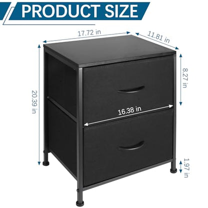 Fabric Nightstand with 2 Drawers, Small Night Stand Bedside Table with Two Drawer Dresser End Table for Bedroom Living Room Small Spaces, Wooden Top - color: Black