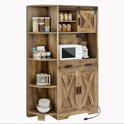 DWVO 67.3" Farmhouse Pantry with Power Outlet & Barn Door, Rustic Brown | Baker Rack Hutch Buffet Sideboard with Drawer, Microwave Stand for Dining Room - color: Rustic Brown
