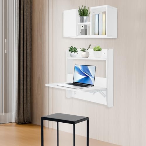 Wall Mounted Bookshelf with Moveable Cabinets, Multifunctional Folding Floating Desk, Fold Down Laptop Table with Storage Shelves for Bedroom Study Room Space Saving Small Space Garage (White) - color: White