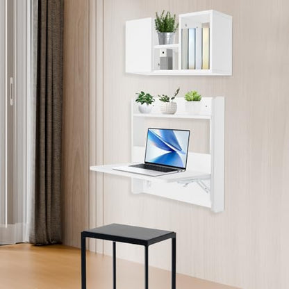 Wall Mounted Bookshelf with Moveable Cabinets, Multifunctional Folding Floating Desk, Fold Down Laptop Table with Storage Shelves for Bedroom Study Room Space Saving Small Space Garage (White) - color: White