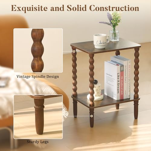 Fultyle Side Table, Small End Table with Storage Shelf, 2-Tier Small Coffee Tables Living Room for Bedroom, Narrow Spaces (Rustic Brown) - color: Rustic Brown