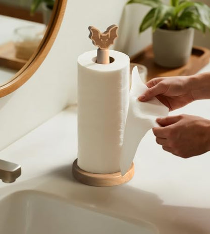 KitchLife Cute Wooden Paper Towel Holder Countertop - Solid Freestanding Paper Towel Dispenser Stand Organizer with Anti-Skid Base (Bat) - style: Bat