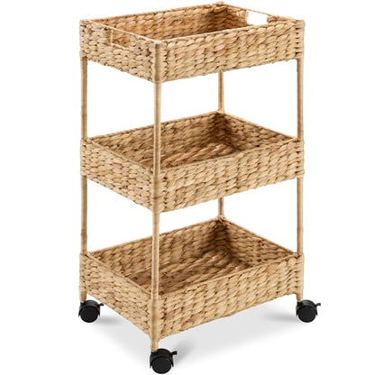 Best Choice Products 3-Tier Water Hyacinth Rolling Nursery Caddy w/Wheels, Utility Cart, Storage Organization for Bathroom, Craft Room, Laundry Room - Natural - color: Natural