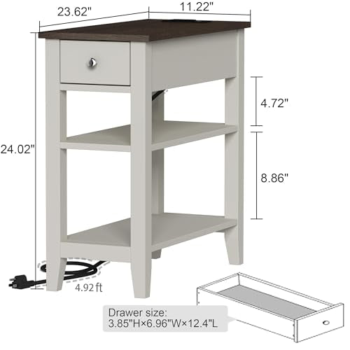 ChooChoo Farmhouse End Table with Charging Station, Narrow Side Table Living Room with USB Ports & Power Outlets and Hidden Drawer,White and Brown - color: Farmhouse White