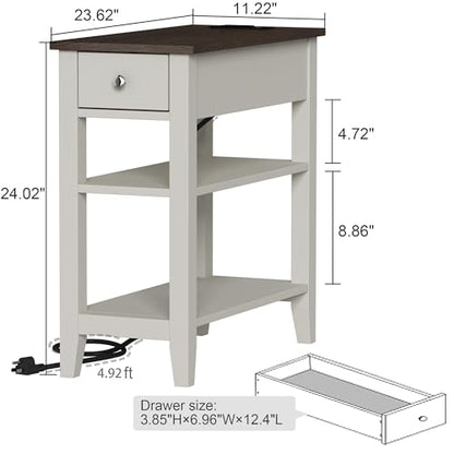 ChooChoo Farmhouse End Table with Charging Station, Narrow Side Table Living Room with USB Ports & Power Outlets and Hidden Drawer,White and Brown - color: Farmhouse White