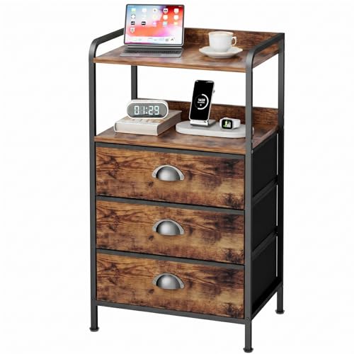 Night Stand with 3 Fabric Drawers, Bedside Table with Wood Top and 2 Tier Shelf, End Table with Storage Drawer Dresser, Small Side Table for Bedroom, Metal Frame, Rustic Brown - color: Brown(3locker), size: Set of 1