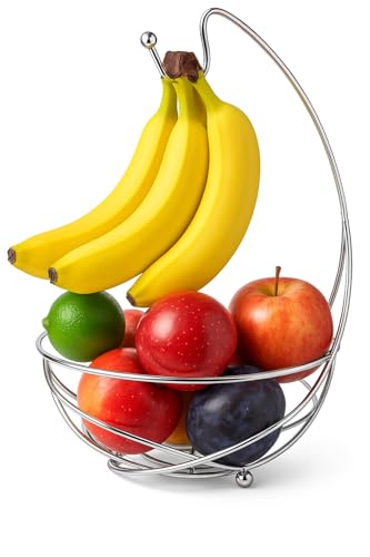 BNYD Chrome Fruit Bowl with Banana Holder – 14" Countertop Wire Basket with Banana Hook, Modern Fruit Basket with Banana Tree Hanger for Kitchen Table or Island Storage
