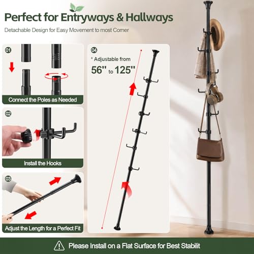 Coat Rack Freestanding, 56 to 125 inch Adjustable Tension Rod Hanger with 12 Hooks for Hanging Coat, Plant,Jacket, Hat, Scarf, Suitable for Living Room, Balcony, Kitchen Black - color: Black