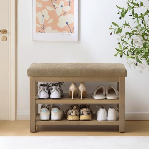 Zihanhome 2 Tier Shoe Rack Bench with Cushion, Solid Wood Shoe Benches, Mid-Century Modern Shoe Storage Bench for Entryway, Hallway, Living Room, Closet, Front Door Entrance, (Brown, 31.5") - color: Brown, size: 31.5"