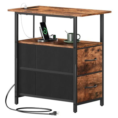 Somdot End Table with Charging Station, Narrow Side Table with 2 Fabric Drawers, Skinny Nightstand with Storage, Small Slim Bedside Table for Living Room, Sofa, Bedroom, Couch, Wood Grain Print - color: Wood Grain Print