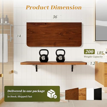 Dogsky 36" x 14" Floating Wall Desk, Fold Down Wall Table - 200 lbs Heavy Duty Solid Pine Wall Mount Folding Desk for Home Office, Laundry Room, Kitchen & Small Apartment, Walnut - color: Walnut, size: 36'' x 13.7'' x 6.3''