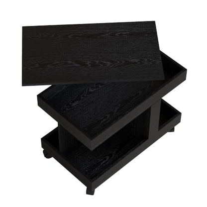 Multifunctional End Table with Wheels and 360° Rotating Desktop | Rolling Design, Storage Compartment, Sofa Side Narrow Table, Bedside Use, Living Room & Bedroom - color: Black-7.15