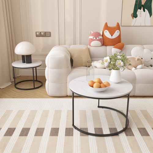 Nesting Coffee Table Set of 2 Round Side Tables, 27.6 Inch Marble Top Coffee Table with Metal Frame for Small Space, Living Room, Bedroom, Balcony & Apartment(White) - color: White