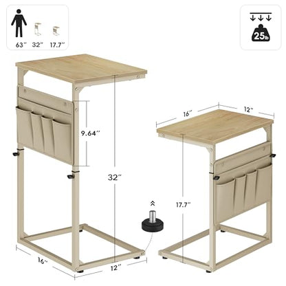 Vagusicc C Shaped End Table, 32'' Tall Side Table for Couch, Adjustable Height Small Couch Side Table for Small Spaces, End Table Slide Under Sofa Table TV Tray Table Arm Table for Living Room - color: Natural
