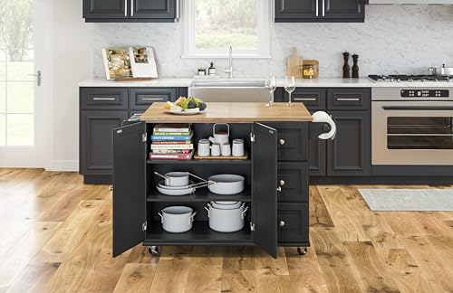 Homestyles Dolly Madison Black Mobile Kitchen Island Cart with Wood Drop Leaf Breakfast Bar - color: Black