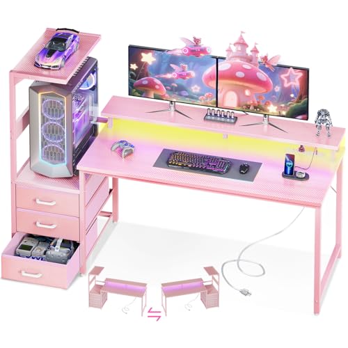 AODK 59 Inch Gaming Desk with USB Charging Ports & LED Light- Reversible Computer Desk with Storage Shelves & Monitor Stand, Modern Gamer Desk Table with Fabric Drawers, Pink - color: Pink, size: 59 Inches