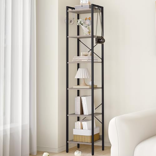 Hzuaneri Bookshelf, Book Shelf, Industrial Bookcase with 2 Hooks, Coner Shelf Storage Organizer for Home Office, Living Room, Bedroom, Kitchen, 6-Tier Greige BC10705B - color: Greige, size: 9.4"D x 15.4"W x 72.8"H