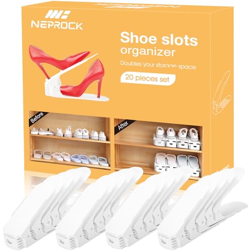 Neprock Shoe Slots Organizer, 20 Pack Adjustable Shoe Rack Stacker Storage Space Saver, Double Deck Shoe Rack Holder for Closet Organization (White) - color: White, size: 20 Pack