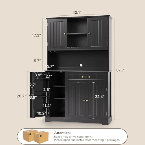 Gizoon Kitchen Pantry Cabinet with Countertop Kitchen Hutch Storage Cabinet 67.7" Tall Pantry Coffee Bar with Storage for Dining Room and Craft Room, Painted Black - color: Black