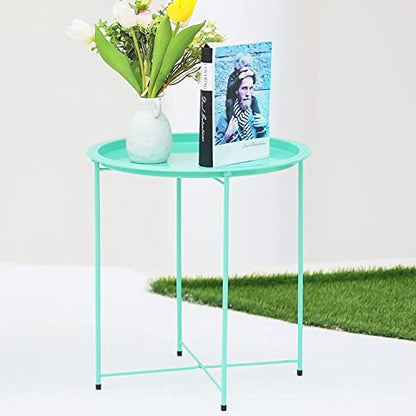 Garden 4 you End Table Set of 2, Outdoor Side Table, Small Patio Table Metal Side Table, Round Folding Side Table, for Outdoor and Living Room,Green - color: Green