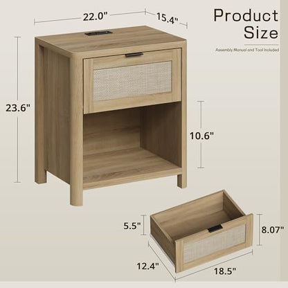 Boho Nightstand with Charging Station, Large Bedside Table with Drawer & Open Storage Shelf, Mid-Century Modern End Table Rattan-Look Drawer, Accent Side Table with Rounded Corners for Bedroom - size: 23.6"D x 22"W x 15.74"H(1-Drawer)