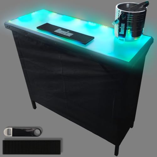 PartyLife Glowing LED Surface Portable Bar Table w/Mobile App, Folding Steel Legs, 2 Bar Skirts, Supportive Storage Shelf & Carrying Case - Black Skirt - color: Formal, size: Standard, style: Glowing Surface