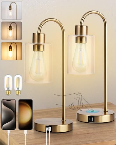 Bedside Lamps Set of 2, Gold Touch Table Lamp with USB C+A Ports, 3 Way Dimmable Bedroom Lamps with Glass Shade, Brass Nightstand Lamp for Bedroom Living Room, 2 LED Bulbs Included - size: 2 Pack