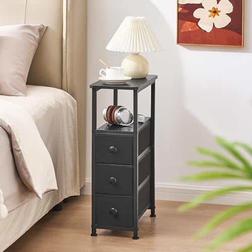 End Table, Narrow Side Table with 3 Fabric Drawers, Slim Nightstand, Small Bedside Table with Storage, Living Room, Bedroom, Black HKET1300BK - color: Black, size: 7.9" W x 15.7" D, style: No Power