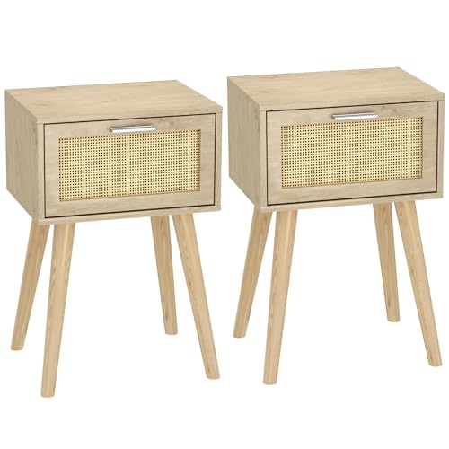LAATOOREE Nightstand Set of 2, Small Bedside Table, Boho Side End Table, Rattan Door, Solid Wood Feet for Bedroom and Living Room - color: Natural, style: Boho Style